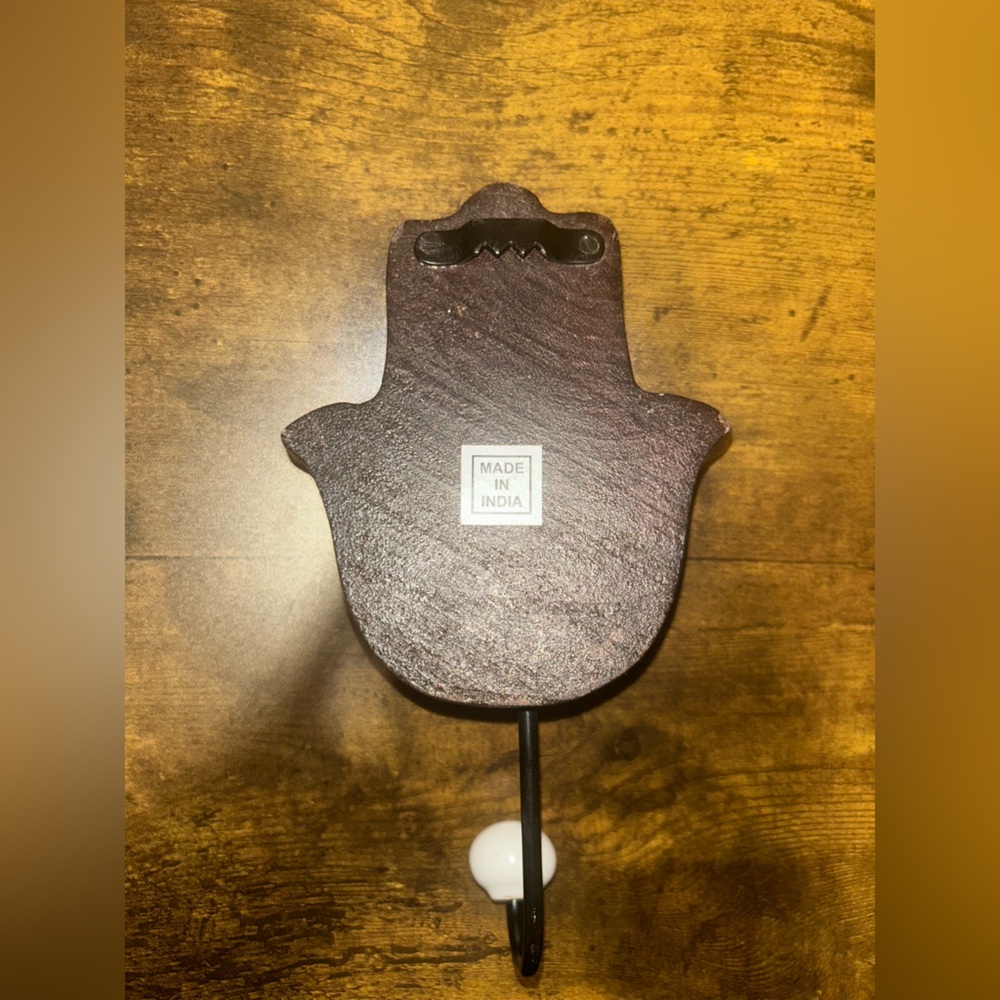 Hamsa Brown and White Wall Hook with Intricate Patterns - Picture 2 of 5